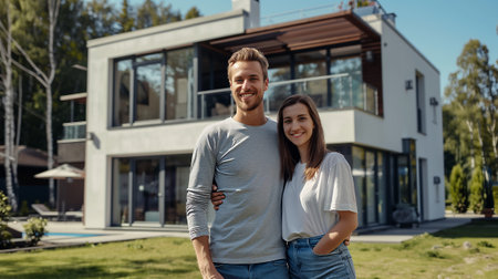 A young, happy couple stands and smiles in front of their large, new modern house, hands hidden, depicted in hyper-realistic detail.の素材