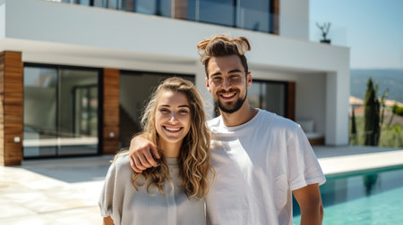 A joyful young couple stands smiling in front of their new, large, modern house. Hyper-realistic.の素材