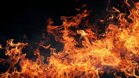 Fire flames explode against a black background. Top view.の素材