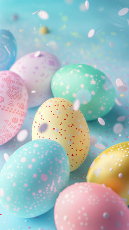 Easter card featuring brightly colored eggs in soft hues, conveying a festive atmosphere. Perfect for the Easter celebration. Hyper-realistic design.の素材