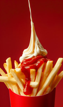 Commercial shot shows ketchup and mayonnaise flowing from the top, mixing in the middle, then covering French fries.の素材