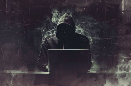Cybersecurity concept: a man in a hoodie before a laptop, with a dappled, matte background of mysterious symbolism, resembling neo-academism, suggestive of manapunk, and featuring mysterious figures.の素材