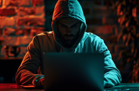Cybersecurity: A man in a hoodie before a laptop, symbolizing mystery, with a matte, neo-academic background, and dappled, manapunk elements. Associated Press photo featuring mysterious figures.の素材