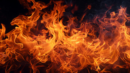 High-resolution image featuring an extremely close-up view and crisp texture of a fire flame on a black background.の素材