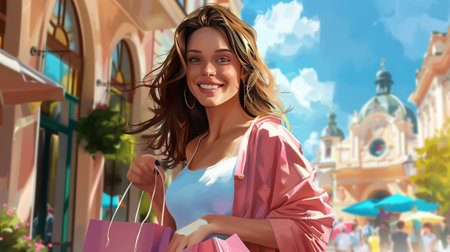 Portrait of a joyful, satisfied young woman smiling with shopping bags on a street with new clothing shops. Realistic.の素材