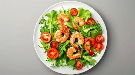 Plate with green salad, small tomatoes, and boiled shrimps. Top view. Realistic.の素材