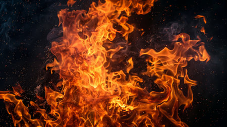 Fire flames explode against a black background. Viewed from above.の素材