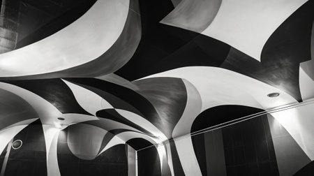 An abstract black and white ceiling with geometric shapes, styled with emotive distortions, landscapes, psychedelic artwork, and topographical realism.の素材