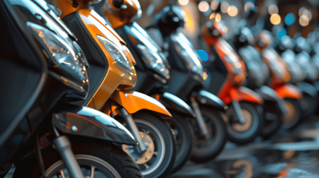 Row of new scooters for sale.の素材