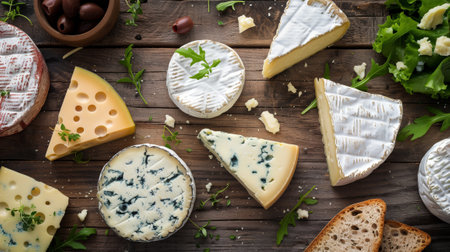 Various French cheeses on a wooden table with green salad, viewed from above.の素材