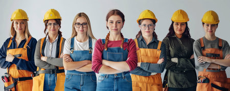 Beautiful, hard-working professional women stand in a row with their uniforms and tools.の素材