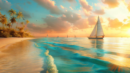 A sailboat over aquamarine waters, golden light illuminating the golden sandy beach with palms in the background.の素材