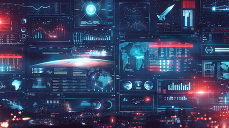 Business tools in a futuristic collage on a dark blue background.の素材