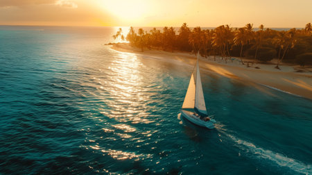 A sailboat over aquamarine waters, golden light, and a sandy beach with palms in the background.の素材