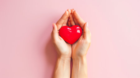 Hands holding a red heart against a pastel-colored background. Top view.の素材