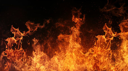 High-resolution image featuring extremely close-up and crisp texture of a fire flame on a black background.の素材