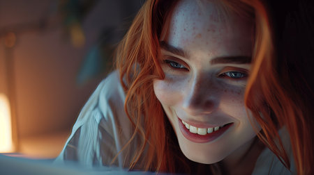 Close-up portrait of a young, beautiful woman smiling as she works on a laptop in the office. Hyper-realistic.の素材