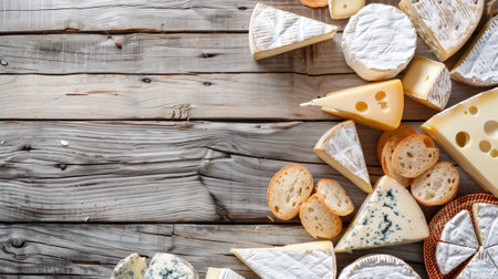 Various French cheeses on a wooden table, viewed from above.の素材