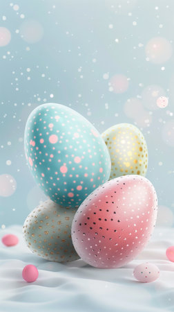 Easter card featuring light-colored, vibrant eggs. Creates a festive mood. Ideal for Easter celebrations. Hyper-realistic design.の素材