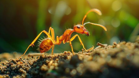 Working ant carrying straw, extremely close-up with shallow depth of field. Hyper-realistic.の素材
