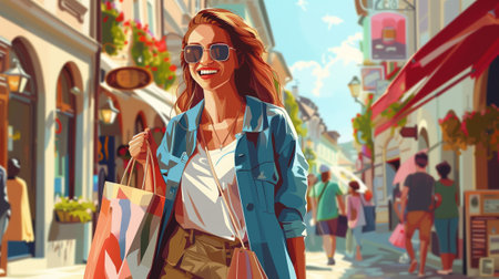 Portrait of a joyful, satisfied young woman smiling with shopping bags on a street lined with new clothing shops. Realistic.の素材