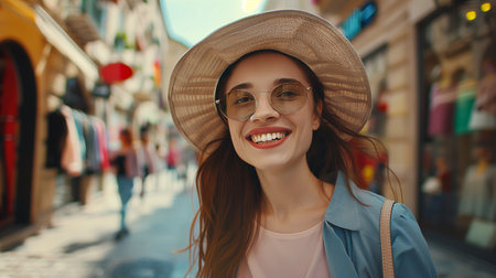 Portrait of a smiling, joyful, and satisfied young woman with shopping bags on a street lined with clothing shops. Hyper-realistic fashion look.の素材