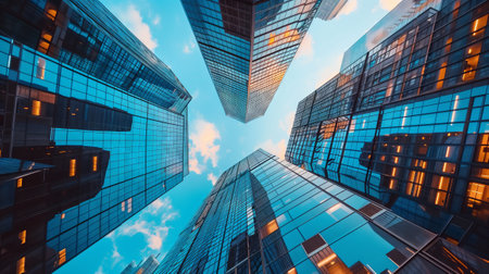 Reflective skyscraper business office buildings. Bottom-up angle view of large modern urban city landscape.の素材