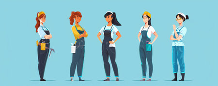 Beautiful, hardworking professional women stand in a row with their uniforms and tools.の素材