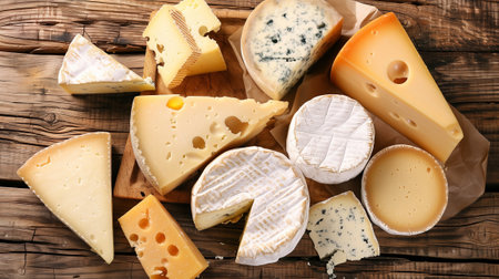 Assorted French cheeses on a wooden table, viewed from above.の素材