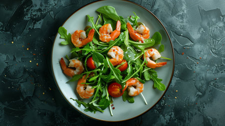 Plate with green salad, small tomatoes, and boiled shrimps. Top view. Realistic.の素材