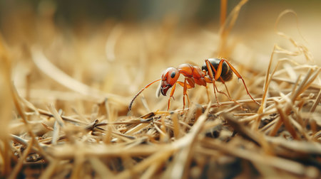 A working ant carries straw, captured in extreme close-up with shallow depth of field. Hyper-realistic.の素材
