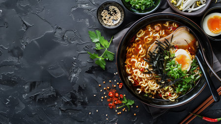 Top view of ramen soup with copy spaceの素材