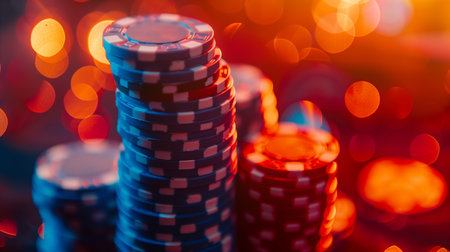 Close-up of a few casino chips stacked, with shallow depth of field and smooth lighting.の素材