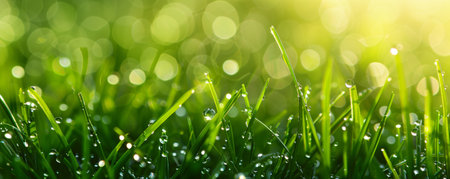 Fresh grass with water drops, captured in extreme close-up and shallow depth of field for a cinematic look.の素材