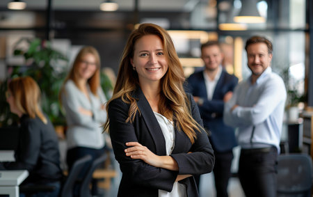 A business team of 5-10 people stands and smiles in an office environment. Depth of field is utilized. Full shot, without a black frame.の素材