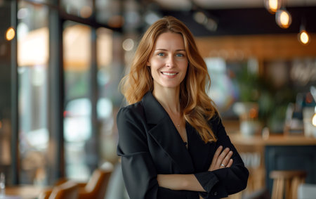 A beautiful businesswoman stands and smiles in an office environment. Full shot with depth of field, without a black frame.の素材