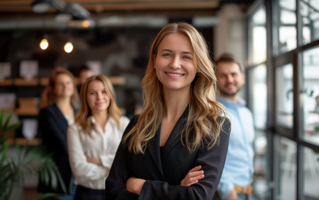 A business team of 5-10 people stands and smiles in an office environment. Depth of field. Full shot, no black frame.の素材
