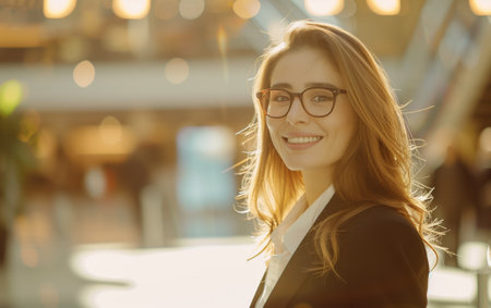 A beautiful businesswoman stands and smiles in a business office environment. Depth of field.の素材