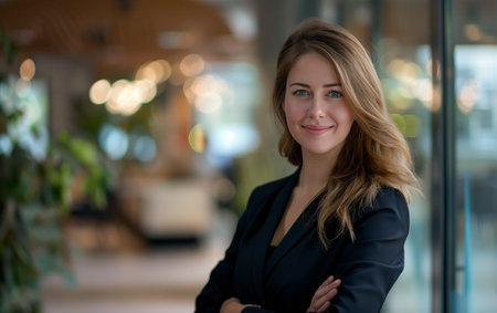 A beautiful businesswoman stands and smiles in an office environment. Full shot with depth of field, no black frame.の素材