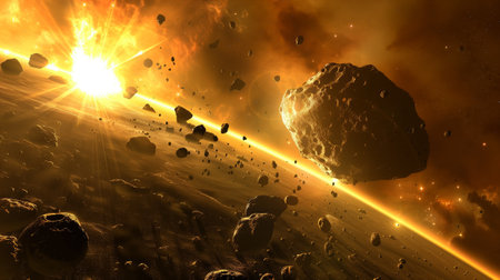 Many asteroids are in distant orbits, looking photorealistic.の素材