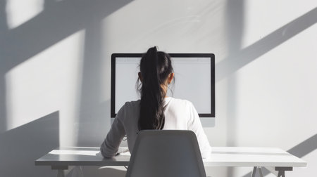 A girl sits at a desktop computer, working against a white, minimalist background with light and shadow, her back to the camera.の素材