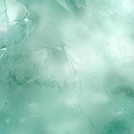 Background: Light blue-green frosted glass texture, following composition rules. Features technical particles fluttering, accentuated by a light blue gradient background light where particles burst. Rich details with medical elements are presented in a large scene, showcasing a strong texture in high definition.の素材