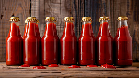 A row of ketchup bottles.の素材