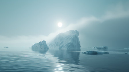 Photograph of an iceberg with its reflection in the icy sea, set against a foggy blue background and delicate sunlight.の素材