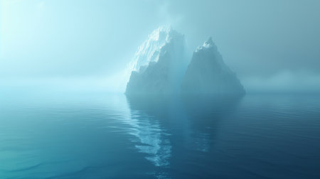 Photo of an iceberg with its reflection in the icy sea, under a foggy blue background and subtle sunlight.の素材