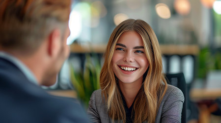 Businesswoman smiles as she meets with a businessman in her office. It's a business meeting.の素材