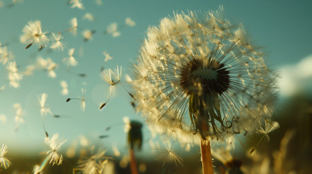 Close-up of dandelion stamen in the air on a sunny day, with extreme depth of field.の素材