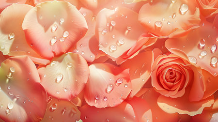 Rose petals pattern overcrowded with some water drops. Photorealistic. Fine exposure on a sunny day.の素材