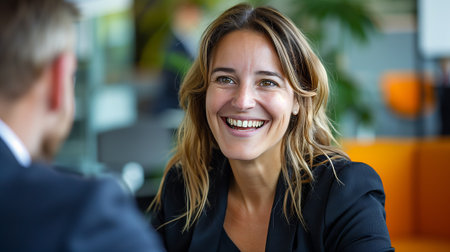 Businesswoman smiling in her office meets with a businessman. Business meeting.の素材