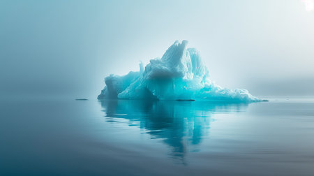 Photo of an iceberg with its reflection in the icy sea, foggy blue background, and subtle sunlight.の素材